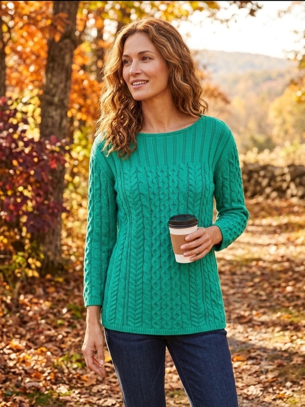 J. Jill Cable-Knit Crewneck Sweater in Green